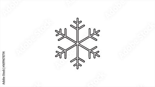 Minimalist black outline of a six-pointed snowflake icon. A simple, symmetrical snow crystal vector illustration isolated on a white background