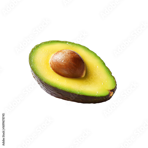 Freshly cut avocado half with seed, vibrant green and yellow colors, perfect for healthy eating and culinary creations