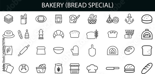 Bakery Bread Icon Set for Pastries, Baking Tools, and Culinary UI Design
