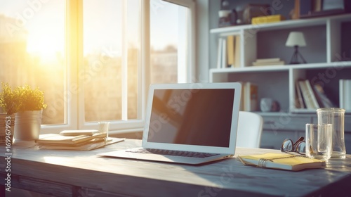 Wallpaper Mural A modern home office workspace with a laptop, books, glasses, and sunlight streaming through a large window Torontodigital.ca