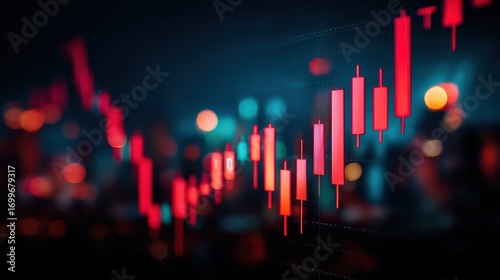 Red candlestick chart showing market trends with a blurred city background, symbolizing trading, finance, and stock analysis
