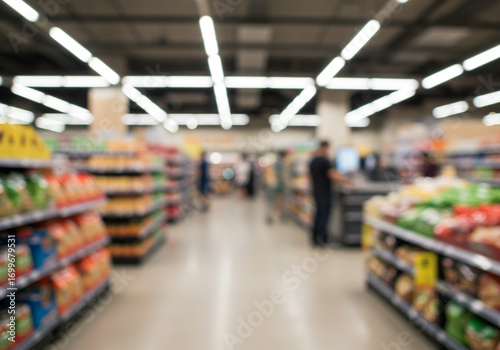 Busy grocery store aisle with shoppers browsing shelves, bright modern retail environment.