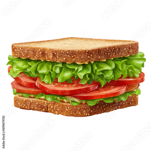 Delicious, fresh sandwich with vibrant tomatoes and crisp lettuce, perfect for lunch or a quick bite, ready to eat now!