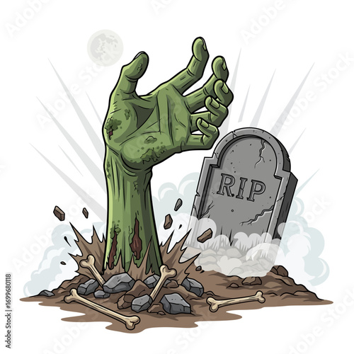 Zombie hand rises from graveyard breaking ground with bones and tombstone vector