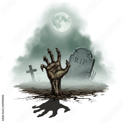 Zombie hand emerging from ground near gravestones under full moon spooky atmosphere vector