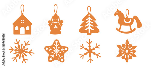 Vector set of Christmas wood decorations. Silhouettes with house, angel, Christmas tree, rocking horse, snowflakes and star. Seasonal clipart for winter holiday design
