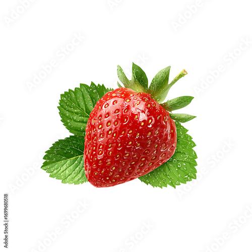 Fresh, juicy strawberry with vibrant green leaves, perfect for healthy eating, food blogs, or culinary projects, promoting natural goodness.