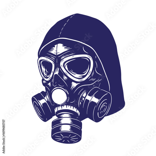 Artistic illustration of a gas mask featuring a hooded design on a white background