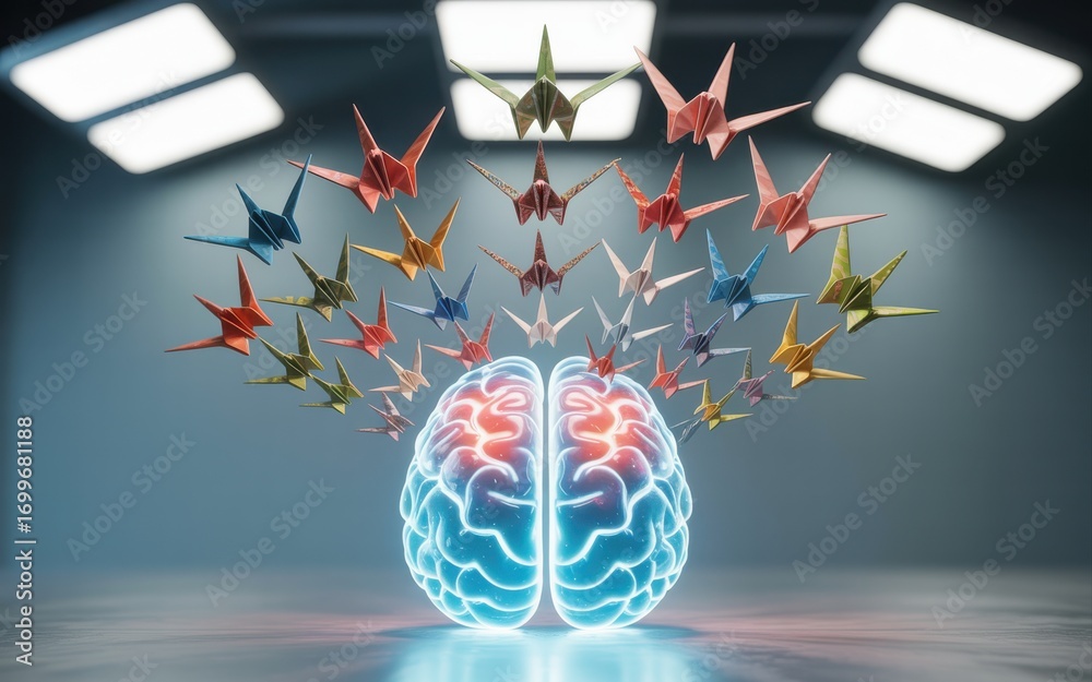 Obraz premium Origami Cranes Emanate From a Luminous Blue and Red Human Brain Symbolizing Creative Thoughts and Ideas