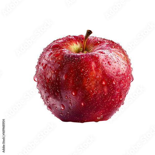 Vibrant red apple glistening with water droplets against a black background, perfect for health, wellness, and food concepts