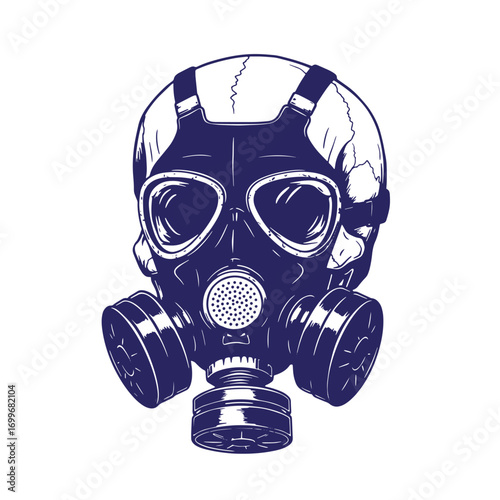 Dark blue illustration of a skull wearing a gas mask against a white background