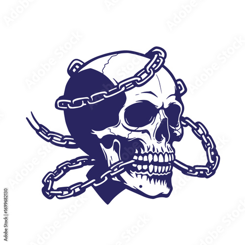 Dark blue skull wrapped in chains illustrating death rebellion and tattoo art