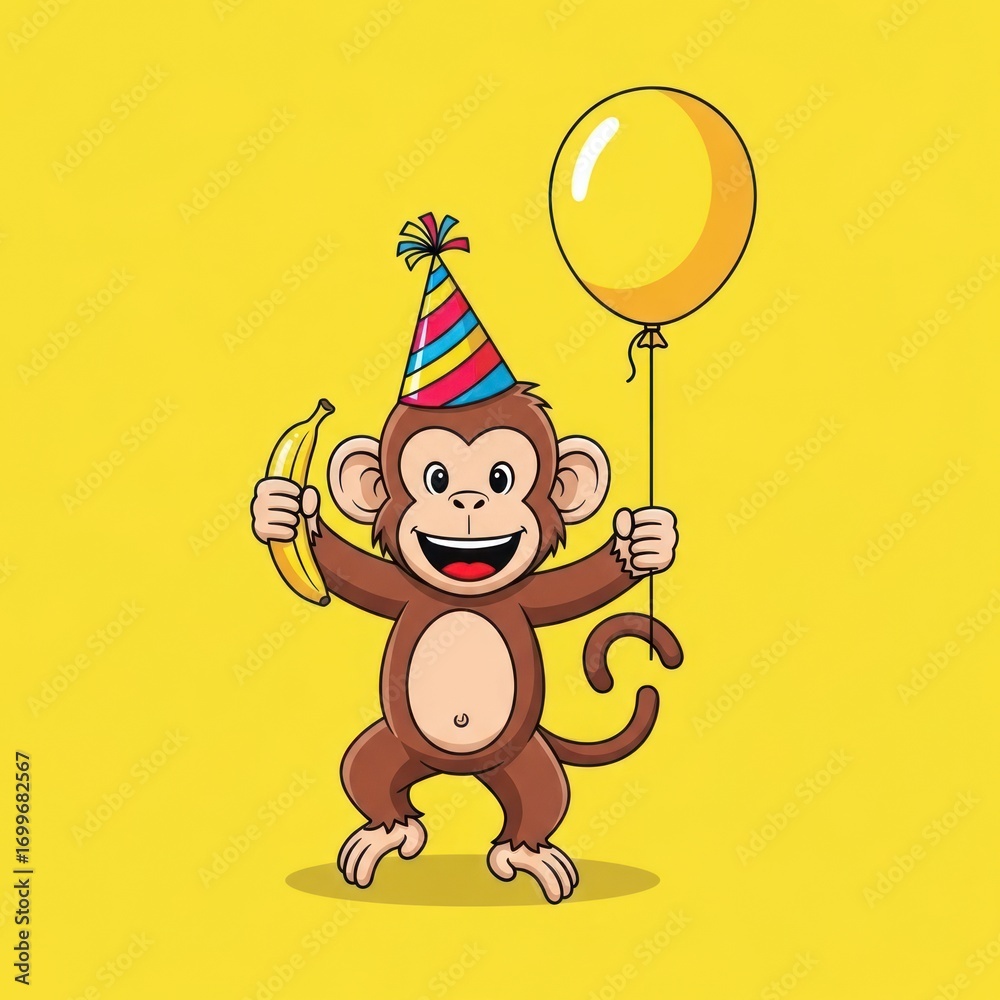 Naklejka premium Happy Monkey Birthday Party with Banana and Balloon.