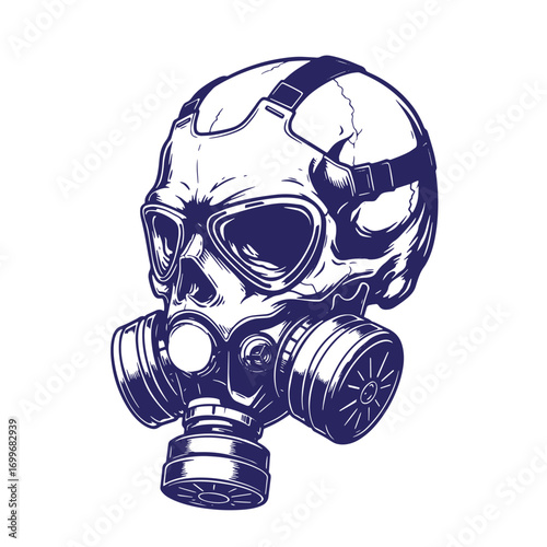 Detailed illustration of a skull wearing a gas mask in a dark and edgy style