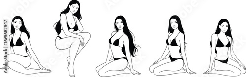 Beautiful young woman in black bikini poses confidently, radiating summer vibes and relaxed elegance, perfect for fashion, lifestyle, and beauty projects.