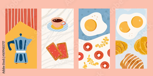 Whimsical flat illustration of a delicious breakfast spread with coffee eggs toast and pastries