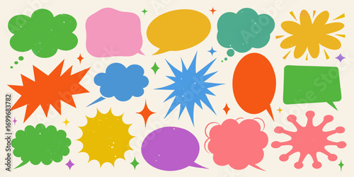 Collection of colorful retro speech bubbles and starburst shapes with a textured vintage feel