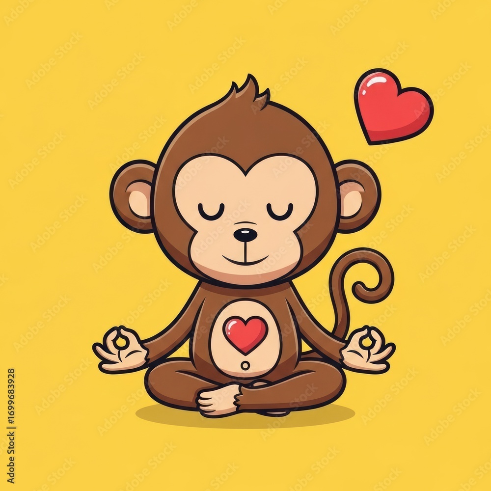 Fototapeta premium Cute Monkey Meditating With Heart Symbol On Yellow Background.