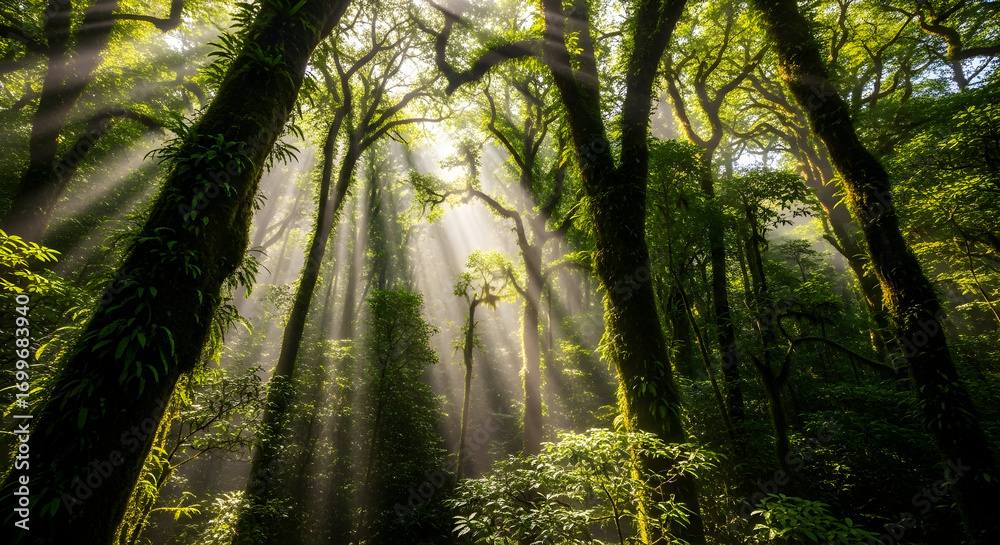 Fototapeta premium Sunbeams Filtering Through Lush Rainforest Canopy: Nature Photography