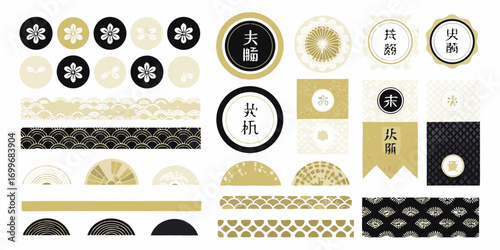 Collection of japanese inspired graphic design elements and patterns in gold and black