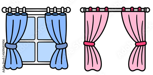 Colorful curtain set with window blue drapes and pink tied curtains vector illustration isolated on white background home interior decoration design