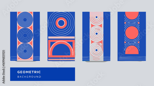 Modern geometric abstract design with circles and arches in blue and coral tones