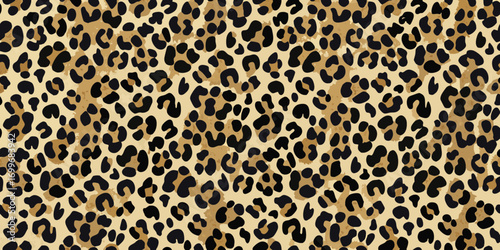 Seamless leopard print pattern with black spots on a tan background