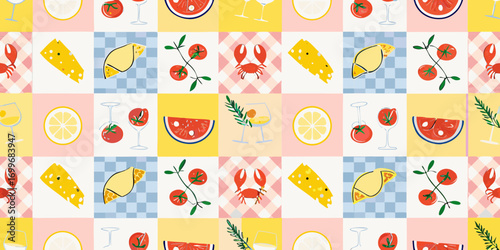 A cheerful and colorful summer picnic pattern with food and drinks