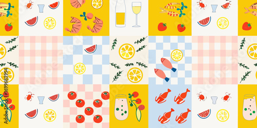 Whimsical summer picnic food and drink pattern with fruits vegetables and seafood