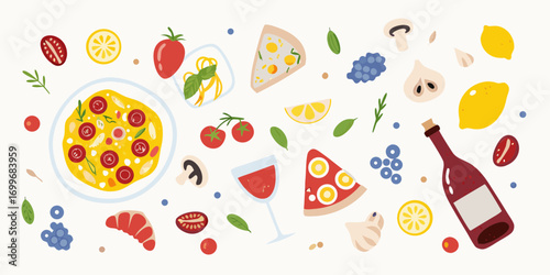 A vibrant flat lay illustration of italian food and drink elements scattered across a white background