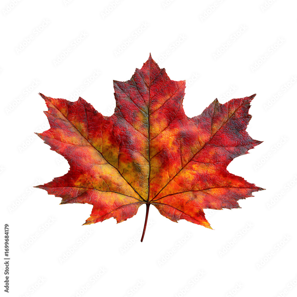 Obraz premium Vibrant autumn maple leaf showcases stunning red, yellow, and orange hues, capturing the essence of fall's natural beauty and seasonal transition.