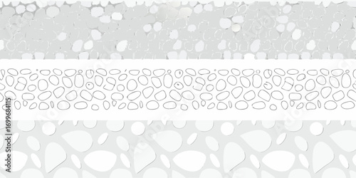 Three seamless abstract patterns featuring organic shapes and textures in shades of gray and white
