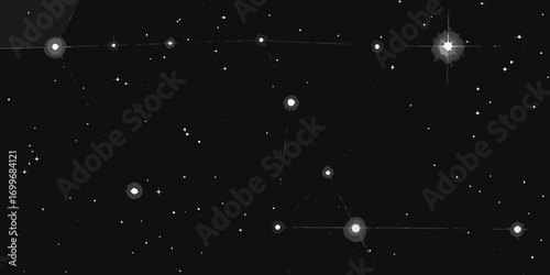 Stylized black and white illustration of a star constellation against a dark night sky