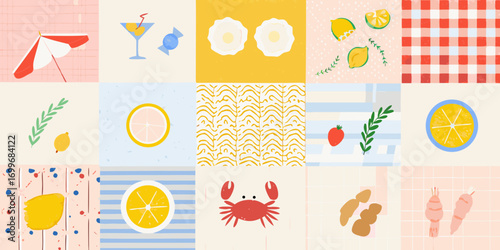 A whimsical collage of summer delights featuring fruits drinks and seafood with playful patterns