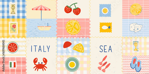 A charming patchwork of italian summer delights and seaside motifs in a playful hand drawn style