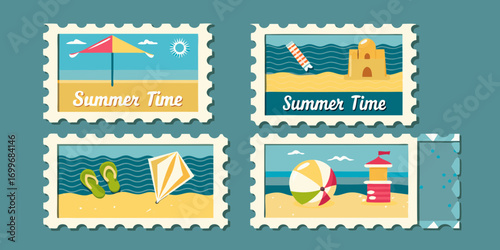 Collection of four vintage style summer beach vacation themed postage stamps