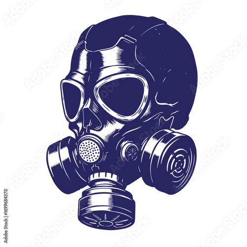 Illustration of a gas mask styled in a dark blue vintage engraved design