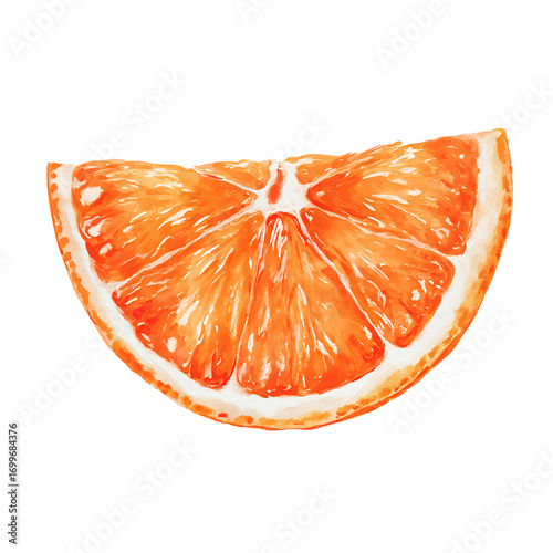 Vibrant watercolor illustration of a juicy orange slice, perfect for healthy food blogs or citrus-themed designs, bringing a refreshing, summer vibe