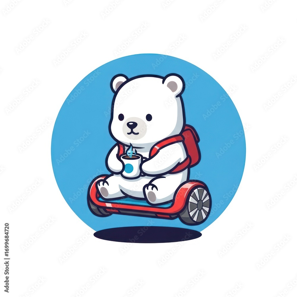 Fototapeta premium Cute polar bear riding a hoverboard with a backpack and coffee.