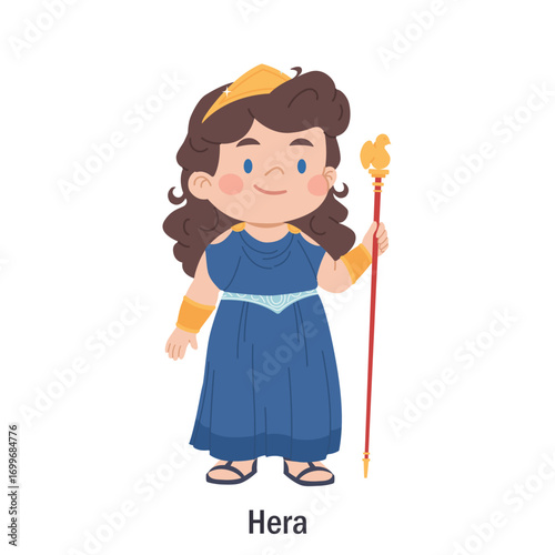 Ancient Greek goddess Hera. Olympian goddess of marriage character. Cartoon character of classical mythology. Deity with a scepter with a cuckoo and a diadem.