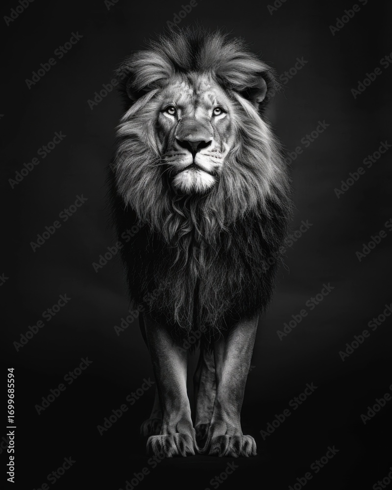 Fototapeta premium Majestic male lion in black studio lighting, monochrome wildlife photography
