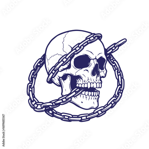 Intricate detailed skull entwined with chains against a clean white background illustration