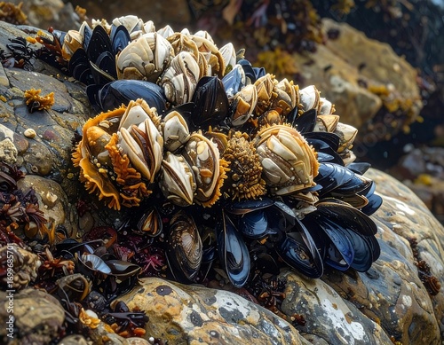 Wallpaper Mural Intricate coastal ecosystem of mussels and barnacles clinging to a rock Torontodigital.ca