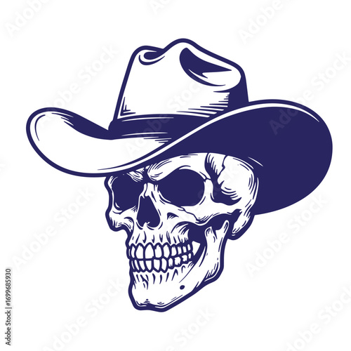 Intricate illustrated skull wearing a cowboy hat in black and white style