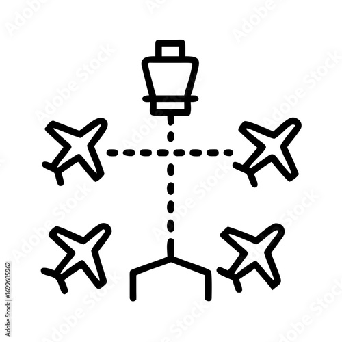 Air traffic control icon with a line drawing of an airplane and a tower