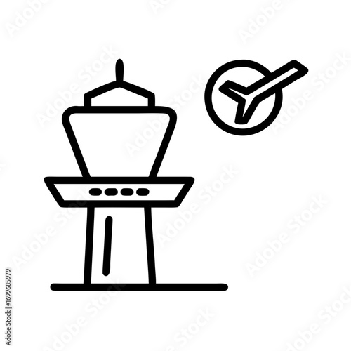 An outline of airport control tower icon with a check mark of approval indicating successful flight