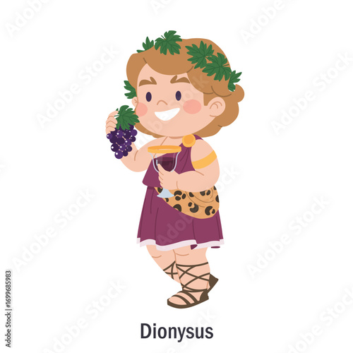 Ancient Greek god Dionysus. Character of the Olympic god of winemaking. Deity with grapes, a cup of wine and a wreath of leaves. Cartoon character of pagan religion, European mythology
