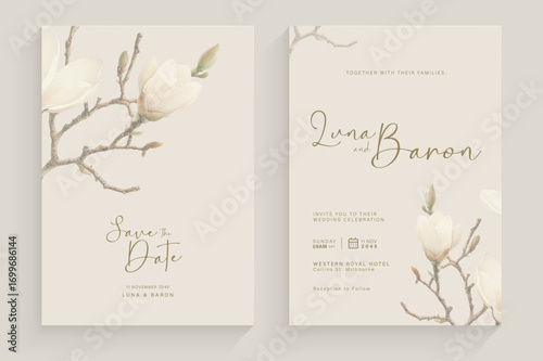 Aesthetic Wedding Invitation Template with White Flower Watercolor Arrangement