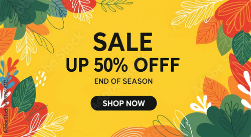 Adobe illustrator artwork vector illustration of a cheerful "End of Season Sale" banner with a "Up to 50% Off" message, adorned with abstract, colorful leaves and organic shapes