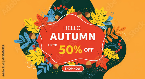 Adobe illustrator artwork vector illustration of a cheerful "End of Season Sale" banner with a "Up to 50% Off" message, adorned with abstract, colorful leaves and organic shapes